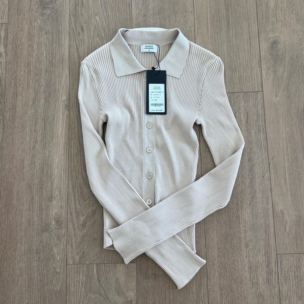 Women's Beige Ribbed Button-Up Top